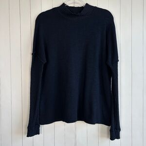 Anthropologie Amadi size L sweater mock neck drop shoulder ribbed navy cotton
